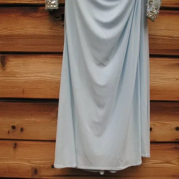 Mac Duggal 26485 Blue Foldover Long Sleeve Jeweled Midi Dress - Picture 12 of 14